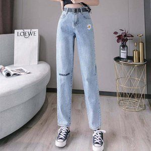 Woman Jeans Vintage High Waist Wide Leg Embroider
